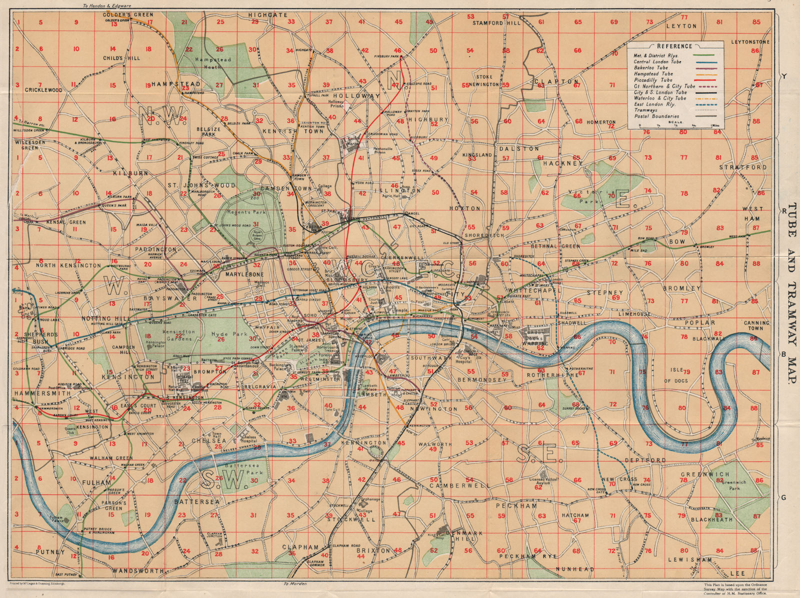 LONDON TUBE AND TRAMWAY MAP. Vintage underground plan. London 1927 old